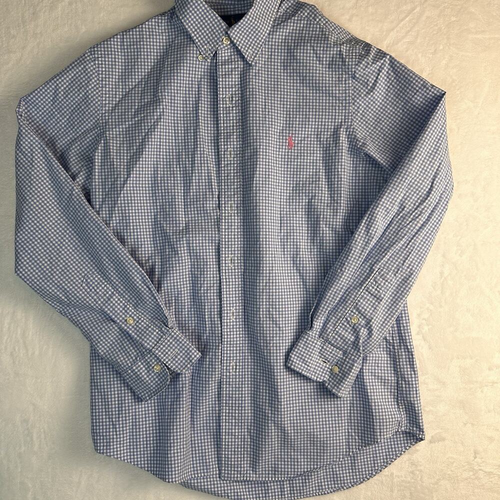 RALPH LAUREN SIZE MED MENS DRESS SHIRT BLUE WITH PINK PONY EMBROIDERY CHECKERED